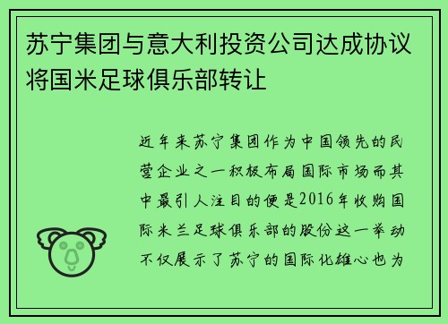 苏宁集团与意大利投资公司达成协议将国米足球俱乐部转让